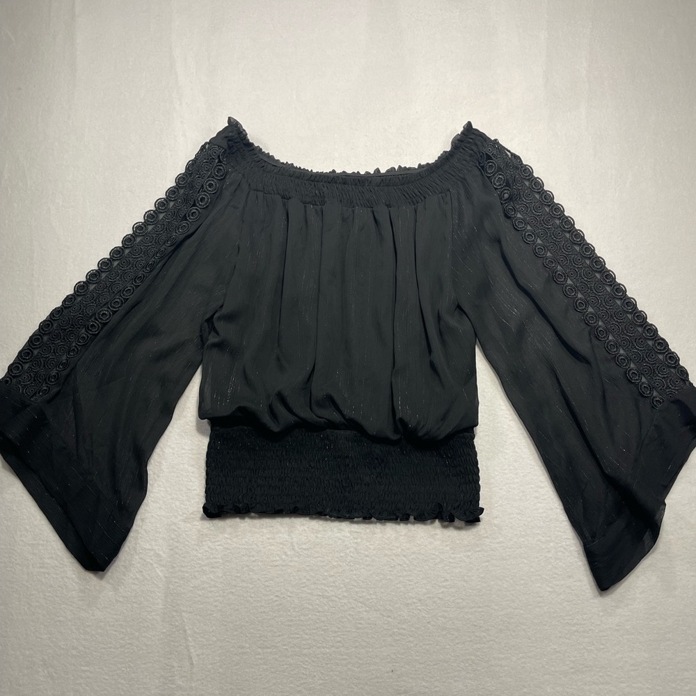 XOXO Black Boho hippie Off Shoulder Blouse Sheer Lace Sleeve Smocked Large